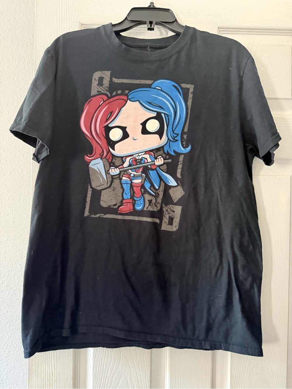 Funko Black Tee with Red & Blue Split-Haired Harley Quinn Character Graphic